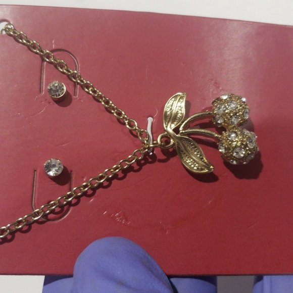 Gold-tone Cherry Pendant Necklace & Crystal Stud Earrings – Women's Jewelry - Picture 7 of 8